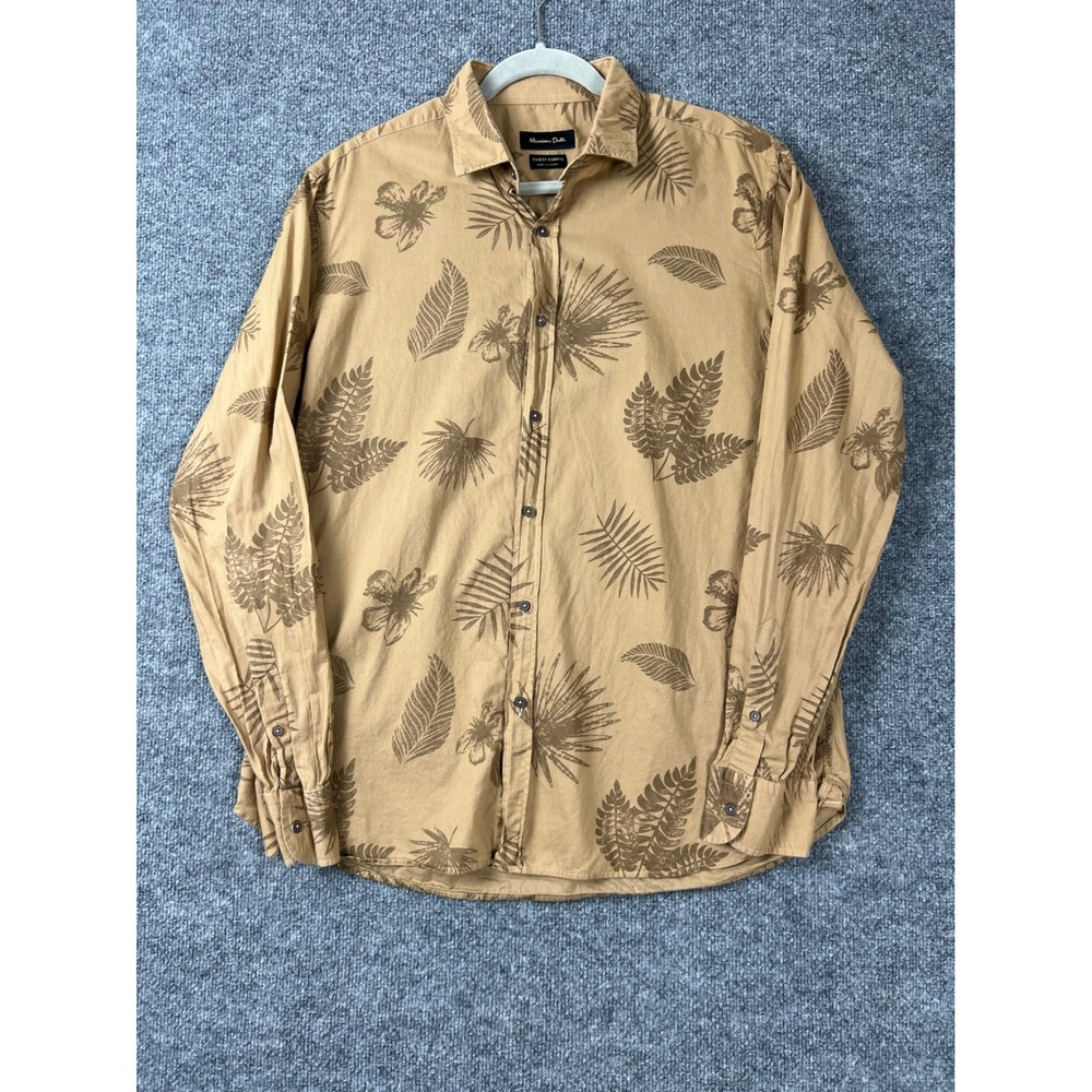 Massimo Dutti Shirt Mens XL Tan Tropical Fern Palm Leaf Print Button Down